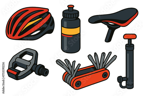 Essential cycling accessories collection including helmet, water bottle, saddle, pedal, pump, and multi-tool