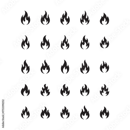 A grid of simple black silhouette icons representing various styles and sizes of flames and fire symbols