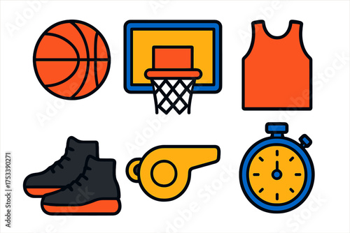 Set of colorful basketball equipment icons including ball, hoop, jersey, shoes, whistle, and stopwatch