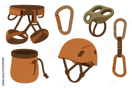 Essential safety equipment set for rock climbing and mountaineering featuring harness helmet and carabiner