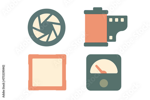 Set of retro photography symbols featuring camera aperture, film canister, photo frame, and exposure meter