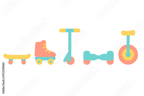 Collection of personal mobility devices including skateboard roller skate scooter hoverboard and unicycle in flat design
