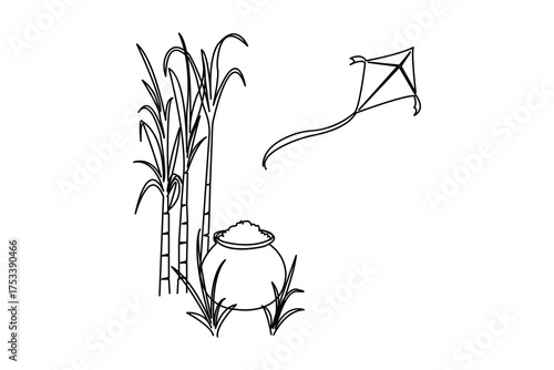 Makar Sankranti and Pongal festive background with sweets sugarcane and kites