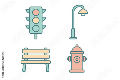 Essential urban elements set featuring traffic light, street lamp, park bench, and fire hydrant