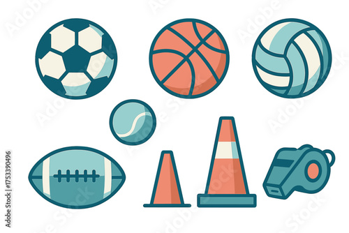 Collection of various sports balls and training equipment including cones and a whistle
