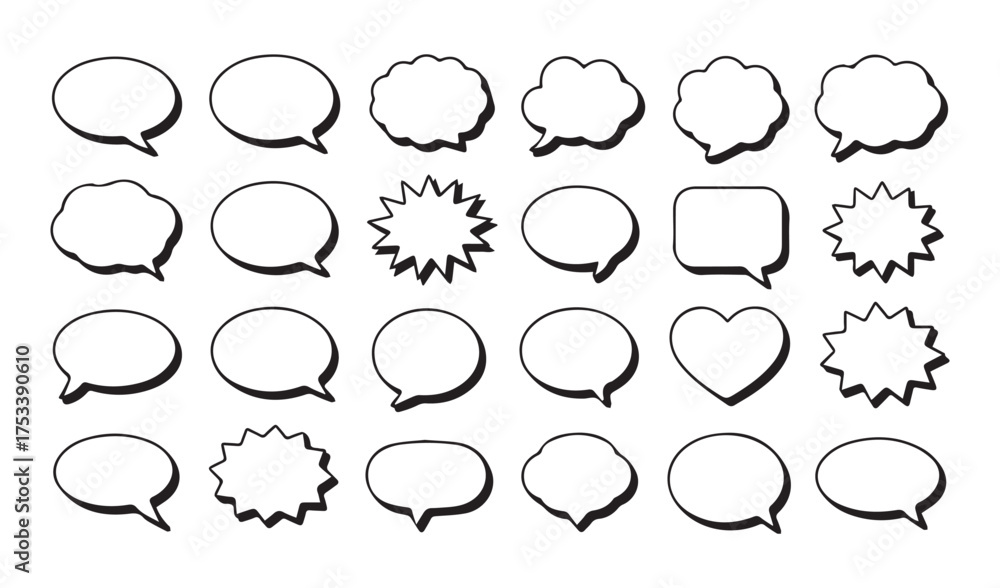 Fototapeta premium Collection of hand drawn speech bubbles and thought bubbles in various shapes and styles for comic strips and creative design projects