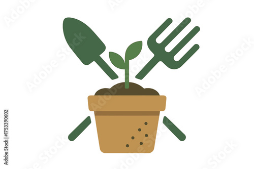 Minimalist young plant in terracotta pot surrounded by essential gardening equipment