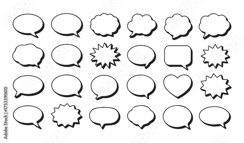 Collection of hand drawn speech bubbles and thought bubbles in various shapes and styles for comic strips and creative design projects
