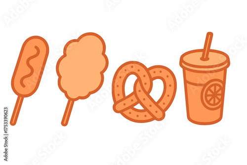 Classic carnival and fair food featuring corn dog, cotton candy, pretzel, and soda cup