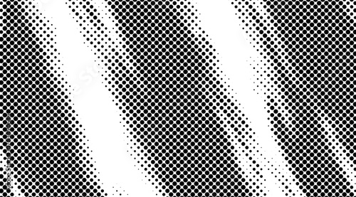 Monochrome halftone pattern with black dots on a white background creating an abstract, textured design with diagonal stripes, perfect for backgrounds and graphic elements