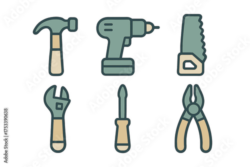 Essential construction and repair tools set featuring hammer, drill, saw, wrench, screwdriver, and pliers