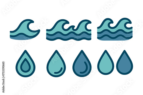 Stylized blue water waves and teardrop shapes representing liquid and ocean movement