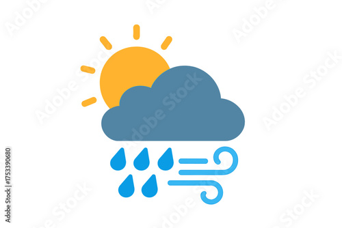 Graphic symbol illustrating mixed weather conditions with sun, cloud, rain, and wind gusts