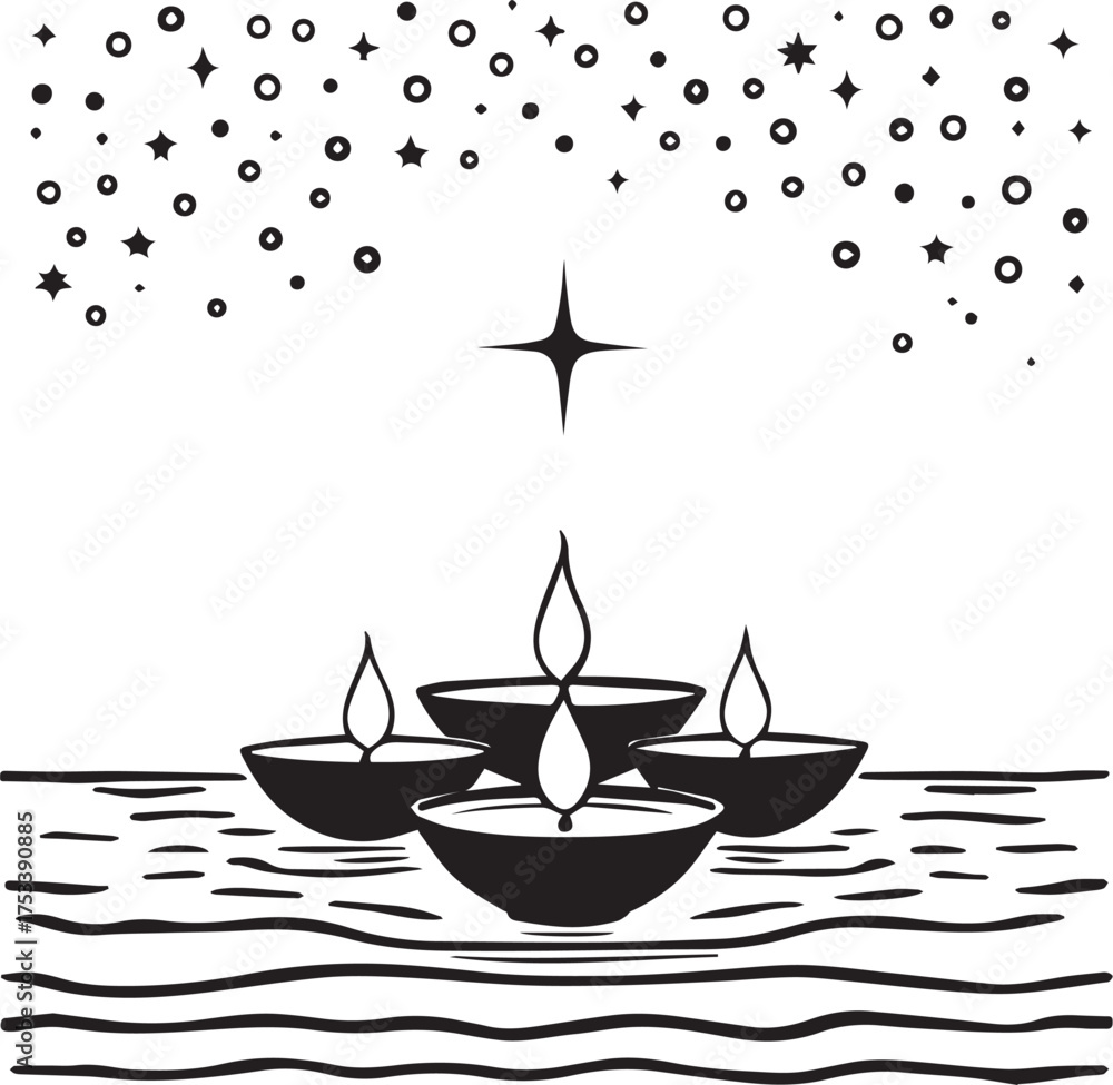 Fototapeta premium Festive oil lamps floating on water with stars in night sky, black and white vector for celebration theme