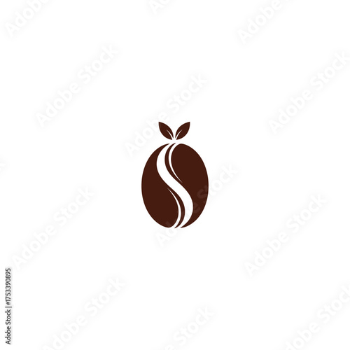 Styled coffee bean, brown with a white 'S', topped with two leaves