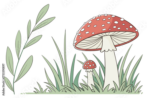 A cartoon of red mushrooms with white spots in green grass