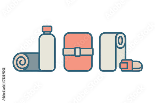 Essential items for fitness, wellness, and first aid including mat, water bottle, and medical tape