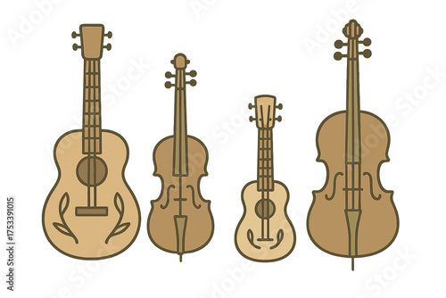 Collection of string instruments: guitar, violin, ukulele, and upright bass