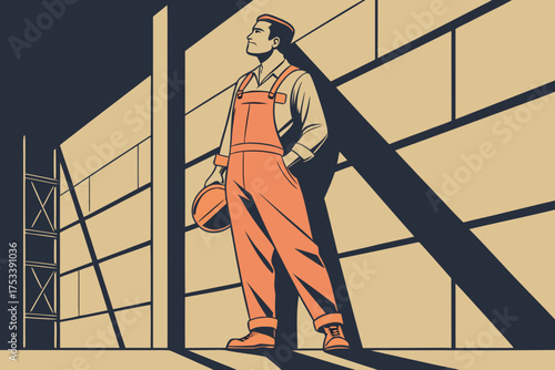 Industrial worker in orange coveralls looking up confidently