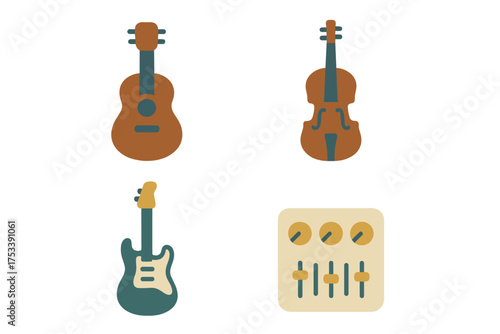 Flat design icons set featuring various musical instruments including acoustic and electric guitars, a violin, and an audio mixer control