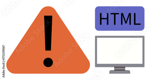 Orange warning sign with exclamation, HTML label in a blue box, and desktop monitor. Ideal for error handling, programming issues, system bugs, web development, troubleshooting, coding warnings