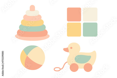 Collection of cute pastel colored baby toys including stacking rings ball and wooden duck