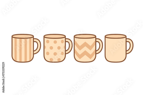 Four stylized coffee mugs featuring various geometric patterns and warm neutral colors