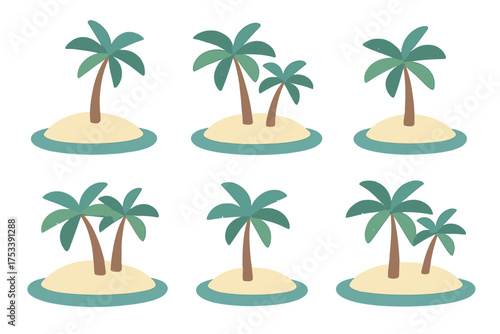 Seamless repeating pattern of cute tropical islands with palm trees and turquoise ocean water