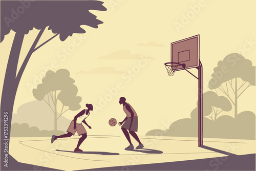 Two basketball players engaged in a game outdoors