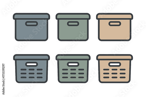 Collection of six different colored storage boxes and plastic containers for organization and archiving purposes