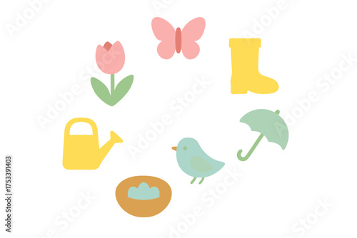 Pastel colored spring elements including flowers, birds, rain gear, and gardening equipment