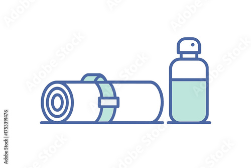 Rolled exercise mat and reusable water bottle for healthy fitness routine