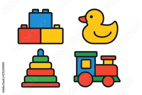 Colorful collection of classic children's toys: building blocks, rubber duck, stacking rings, and toy train