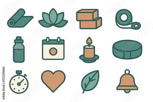 Collection of essential items for yoga practice and mindful living including mat, blocks, and heart icon