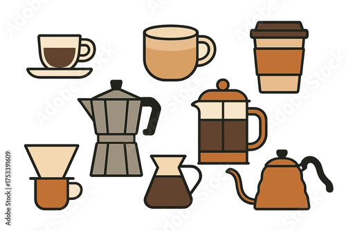 Set of different coffee brewing tools and drink containers including mugs, pots, and presses