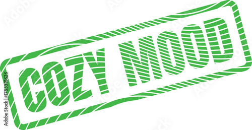Distressed green stamp displaying Cozy Mood text within a stylish rectangular outline on a bright white surface