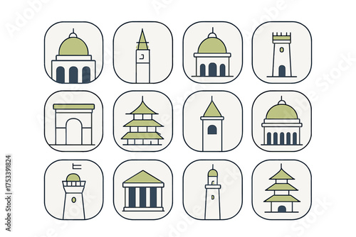 Minimalist outline icons of famous global architectural structures and travel destinations