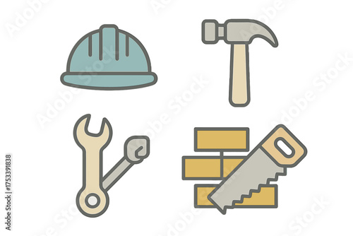 Essential construction and repair tools set featuring safety helmet hammer wrench and saw