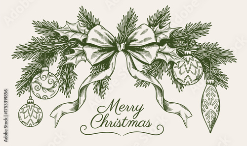 Toile art Christmas Vintage banner. Retro greeting card with fir branches, decorative balls, and bow. Design element for New Year celebrations. Hand drawn vector illustration