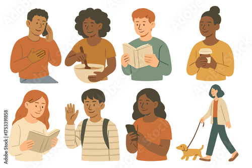 Diverse group of people performing daily activities like reading, cooking, walking, and using technology