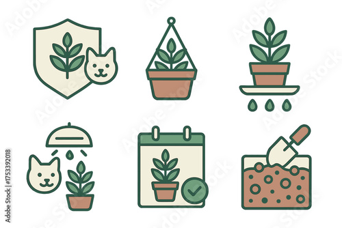 Essential houseplant care and gardening symbols featuring watering, soil, scheduling, and pet safety