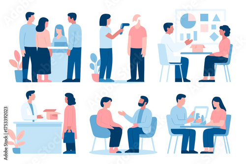 Diverse people consulting, receiving health screenings, and interacting with customer service staff