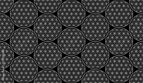 Flower of life seamless pattern, Yantra white Mandalas seed of life, Sacred Geometry, symbol of harmony and balance. Mystical circle texture, vector illustration isolated on black background