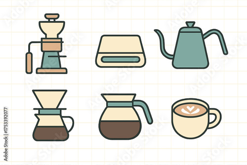Collection of stylized icons showing manual coffee brewing tools and equipment