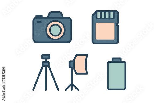 Essential photography equipment including camera, memory card, tripod, and studio light