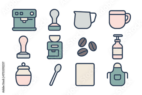 Collection of essential coffee making equipment and accessories including machines, beans, and barista apron