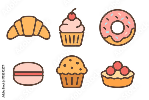 Set of sweet baked goods and pastry icons including donut croissant cupcake and macaron