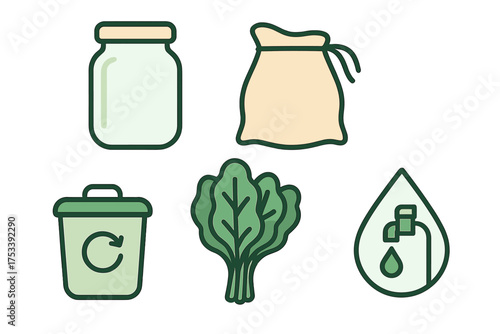 Zero waste and sustainable lifestyle symbols featuring recycling, water saving, and reusable food storage