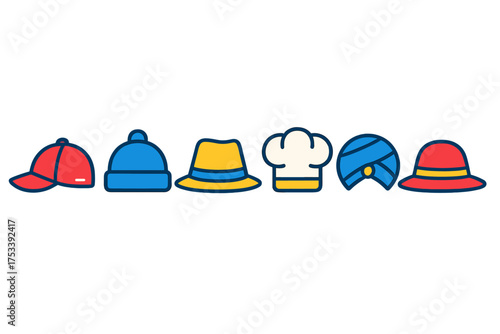 Colorful collection of various headwear icons including cap, beanie, fedora, chef hat, and turban
