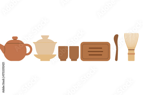 Traditional Asian tea ceremony set with teapot gaiwan cups and matcha tools